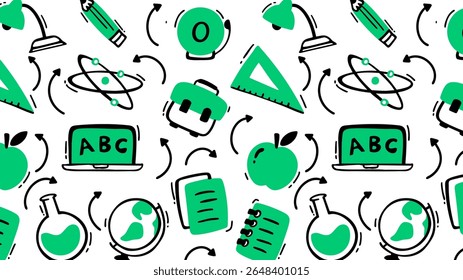 School element doodles on set background. Back to school hand drawn vector illustration.