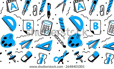 School element doodles on set background. Back to school hand drawn vector illustration.