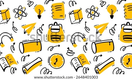 School element doodles on set background. Back to school hand drawn vector illustration.