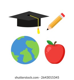 School element set. Pencil, globe, apple and graduation hat. Can be used for wallpaper and sticker