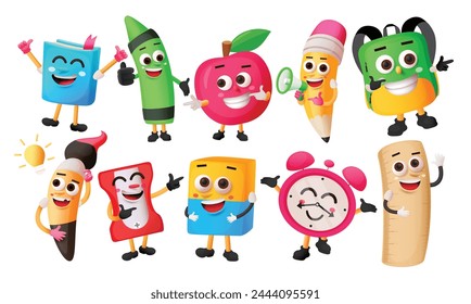 Diseño de set de Vector de personajes de Elementos escolares. Útiles escolares en personajes de dibujos animados lindos como libro, color, manzana, bolso, pincel, afilador y borrador de aprendizaje de artículos educativos de colección. Vector 