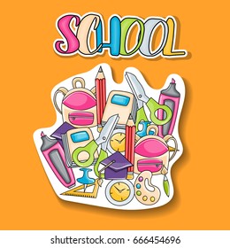 School elements clip art doodle sticker in cartoon style for greeting card. Hand draw vector illustration for banner or flyer. Typography text.