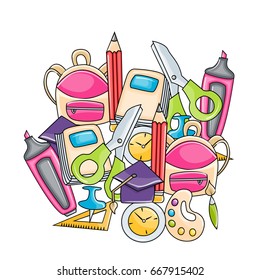 School elements clip art set in cartoon style. Hand draw vector illustration doodle.