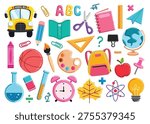 School Elements clipart set. Colorful School supplies like school bus, globe, ball, ruler, alarm clock, backpack, watercolor, book and notebook flat icon for educational learning math and science school items clip art collection vector illustration.
