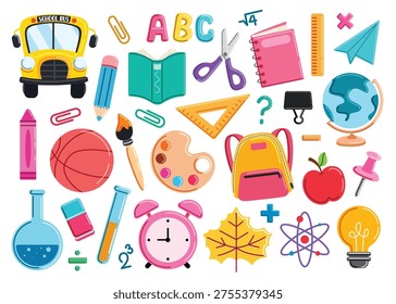 School Elements clipart set. Colorful School supplies like school bus, globe, ball, ruler, alarm clock, backpack, watercolor, book and notebook flat icon for educational learning math and science school items clip art collection vector illustration.
School Elements clipart set. Colorful School supplies like school bus, globe, ball, ruler, alarm clock, backpack, watercolor, book and notebook flat icon for educational learning math and science school items clip art collection vector illustration.