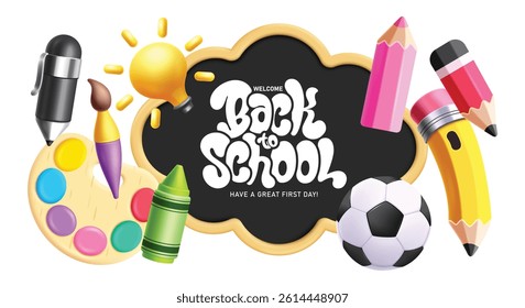 School elements clipart set design. Back to school text clip art in blackboard cloud yellow outline with colorful educational elements in white background vector illustration.
