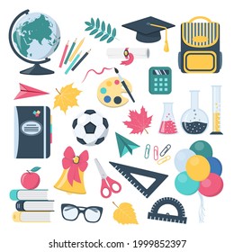 School elements collection in cartoon style.  Education objects, equipment for teachers and children: backpack, diploma, pencils, test tubes, globe, books, palette, brush, rulers, etc. Vector