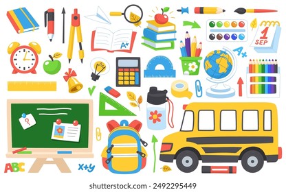 School elements collection. Childrens school elements vector flat collection. Backpack, stationery, textbooks and notebooks. White background