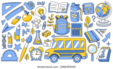 School elements collection, stationery, backpack, school bus, calculator and more. Vector doodle collection, white background.