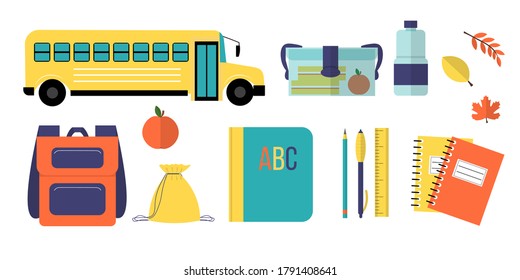 School elements in flat style.  Sticker or icon  for 1 september. Set of school supplies in flat cartoon style. 