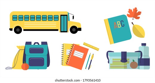 School elements in flat style.  Sticker or icon  for 1 september. Set of school supplies in flat cartoon style. 