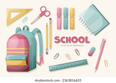 Elementos escolares para las niñas. Mochila escolar y papelería en colores rosa, verde y amarillo vivos. Conjunto de ilustraciones vectoriales.