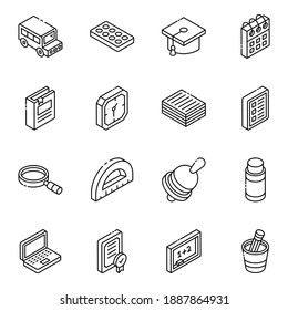 
School Elements Glyph Isometric Icons 