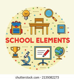 School elements illustration design graphics. Whiteboard, schoolbag, globe, desk, chair, book, loop, trophy, globe and microscope illustration.