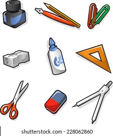 School elements Ink Pen Clip Sharpener Glue Set-square Scissors Rubber and Compass. Vector illustration cartoon. 