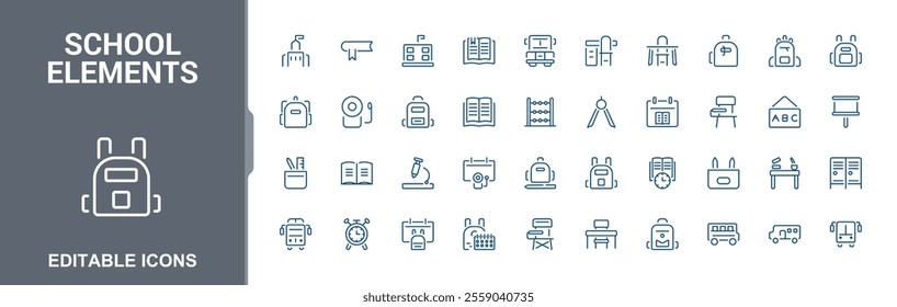 School elements minimalist icon collection. Related to knowledge, education, school, back to school, classroom, bag and more. Simple web icons. Editable stroke. Vector illustration.