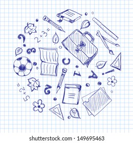 School elements on a squared paper. Hand drawn illustration