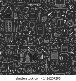 School elements seamless pattern. Vector background with school objects and illustrations