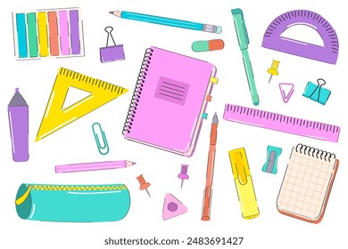 School elements set in flat style. Pen, pencil, eraser, pencil case, notepad, sharpener, ruler, paper clip