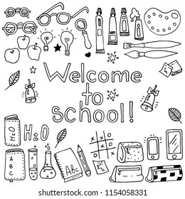 School elements set: globe, folders, calendar, card, diary, pencils, books, papers. Back to school background. in black and white style