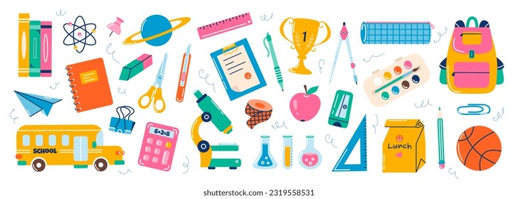 School elements set. Vector flat illustration in hand drawn style. Back to school