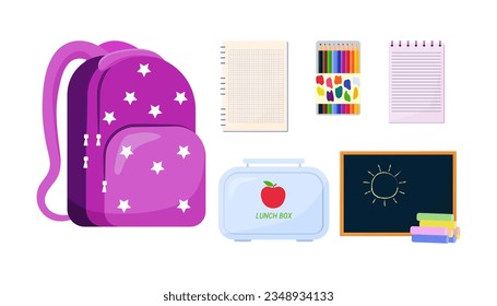 School elements or supplies for kids vector illustrations set. Cartoon drawings of pink backpack, lunch box, notebook, color pencils, chalk and board. Education, back to school, stationery concept