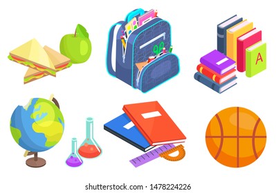 School elements vector, isolated set of books and apple snack. Bag with textbooks and notebooks, globe model, basketball ball chemistry and geography. Back to school concept. Flat cartoon isometric 3d