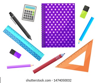 School elements vector, isolated supplies for lessons. Notebook and pencil, pen and ruler, eraser and calculator. Preparation for education and knowledge. Back to school concept. Flat cartoon