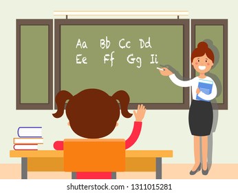 School english language lesson flat illustration. Schoolgirl putting up, raising hand for answer. Teacher standing near blackboard cartoon character. Classroom interior. Elementary school education