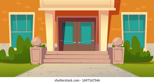 School entrance, building of college campus. Educational institution facade exterior with wooden doors, stone stairs, glass windows, green plants and lawn at front yard, Cartoon vector illustration