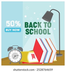 School equipment, alarm clock, and study lamp on the table. Bright color background. Back to School concept. Flat vector illustration.