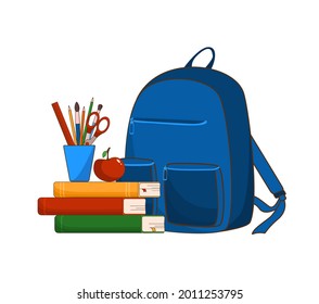 Equipo escolar, concepto de regreso a la escuela, mochila escolar, lápices de libros, regla, tijeras. manzana roja. Objetos aislados sobre un fondo blanco. Una pila de libros. Accidente. Estilo plano. Ilustración del vector