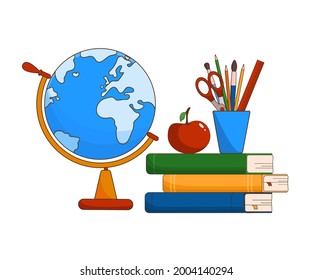 School equipment, back to school concept, globe, books, pencils, ruler, scissors. isolated objects on white background. A stack of books. Red Apple. Flat style. Vector illustration