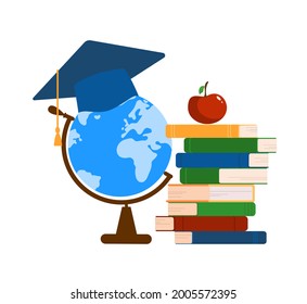 Equipo escolar, de vuelta al concepto escolar, globo, libros, objetos aislados en fondo blanco. Una pila de libros. Manzana roja. Estilo plano. Ilustración del vector