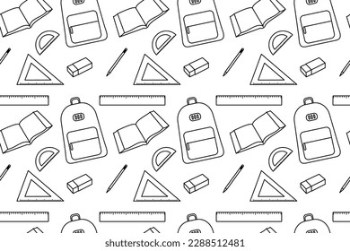 School equipment black outline background seamless pattern isolated on white background