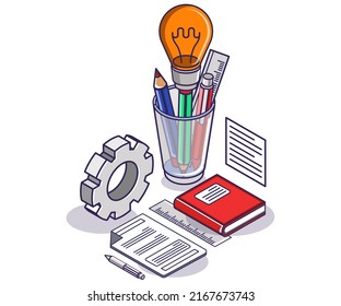 School equipment concept for learning in isometric illustration