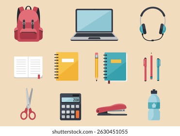 School Equipment Design Elements Clip Art Decoration, Flat Design Vector Illustration