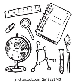 School equipment. Globe sphere, ruler, notebook, chemistry, loop, brush, paper clip, test tube in black brush stroke texture on white. Hand drawn vector sketch illustration in vintage charcoal ink
