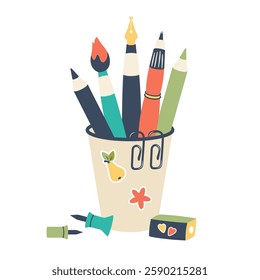 School equipment. Hand drawn Doodle  School elements, stationery subjects, Office supplies. Pencils, pen, brush, sharpener, paperclip in paper cups with stickers. Vector flat illustration