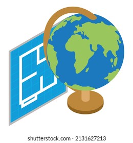 School equipment icon isometric vector. Blueprint background, school world globe. Geography and geometry tool, learning, education