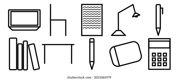 school equipment icon set. learning icon set. outline icon