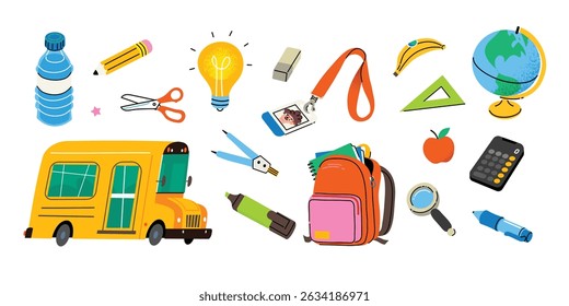 School equipment icons. Hand drawn cartoon images. Trendy vector illustrations. Backpack items, school bus and tool for studying. Flat style 