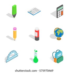 School equipment icons set. Isometric 3d illustration of 9 school equipment vector icons for web