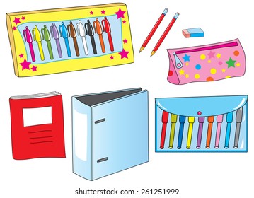 School equipment including pencils,pencil case, eraser,maker pens,gel pens,copy book, and project folder.