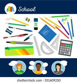 School equipment for pupils. Design set. Simple flat icons. Smiling talking people.
