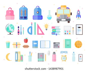 School equipment set. Collection of tools for education. Book and color pencil, eraser and apple. Vector illustration in cartoon style