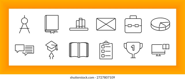 Icono de conjunto de equipo escolar. Brújula, tablero, burbuja de chat, trofeo, lista de verificación, libro, graduado, gráfico circular, bolsa, monitor, aula, éxito, análisis, planificación