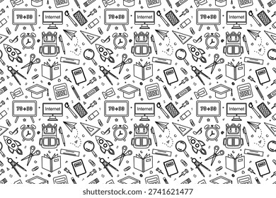 School equipment stationery pattern.  School supplies seamless pattern. School attributes seamless pattern. Student accessories repeat background. Back to school banner design. Education doodle pattern background.