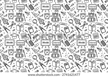 School equipment stationery pattern.  School supplies seamless pattern. School attributes seamless pattern. Student accessories repeat background. Back to school banner design. Education doodle pattern background.