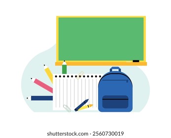 school equipment such as, notebooks, colored pencils, pens, pencils, and backpacks 
design, vector, illustration